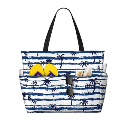 Large Beach Bag for Women Waterproof Foldable Travel Shoulder Tote Bag with Pocket for Weekender Pool Vacation - color: Palm White