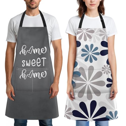 Apron with Pockets, 32x28 inch, 2 Pack, Grey Daisy | Geometric Flowers Adjustable Bib with Pockets for Women Men Couple Lovers Chef Home Baking Gardening - color: Flowers Daisy