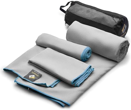 OlimpiaFit Quick Dry Towel - 3 Size Pack of Lightweight Microfiber Travel Towels w/Bag - Fast Drying Towel Set for Camping, Beach, Gym, Backpacking, Sports, Yoga & Swim Use - color: Grey (3 Size Set)