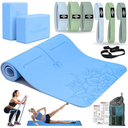 DICYWUDI Yoga Mat Thick, 6 Fabric Resistance Bands, 2 Pack Yoga Blocks, Home Workout Equipment Essentials Starter Kit for Beginners Full Body Toning - color: Blue