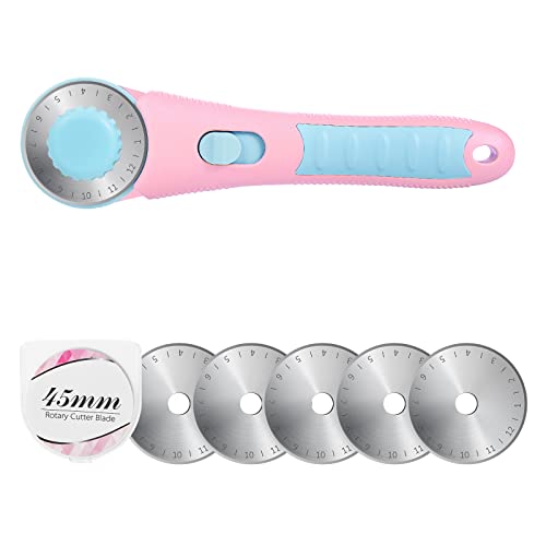 Rotary Cutter with 5pcs 45mm Rotary Blade, Bearing Design Rolling Cutter with Safety Lock for Fabric Sewing Quilting Cloth Leather Paper and Arts & Crafts(Pink) - color: Pink with Bearing, size: 45mm