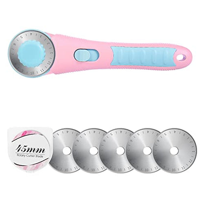 Rotary Cutter with 5pcs 45mm Rotary Blade, Bearing Design Rolling Cutter with Safety Lock for Fabric Sewing Quilting Cloth Leather Paper and Arts & Crafts(Pink) - color: Pink with Bearing, size: 45mm