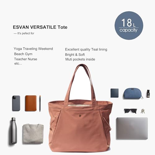 ESVAN Yoga Tote Bag for Women Shoulder Bags Drawstring for Office Workout Travel Carryall Pilates Gym and Beach - color: Pinklish Brown