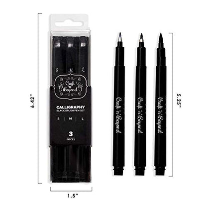 Craft 'n' Beyond Calligraphy Brush Pens Pack of 3 Small, Medium and Large Markers for Hand Lettering, Art Drawing, Sketching, Scrapbooking, Writing, Journaling - Beginner Kit with Fadeproof Black Ink - color: Black- Pack of 3