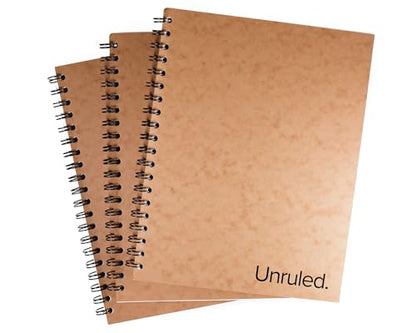 Unruled Classic Blank Spiral Notebook, 60lb Premium Plain Paper, 70 Sheets, Recycled and Sustainable, 10.5" x 8", 3 Pack, Black Foil/Wire