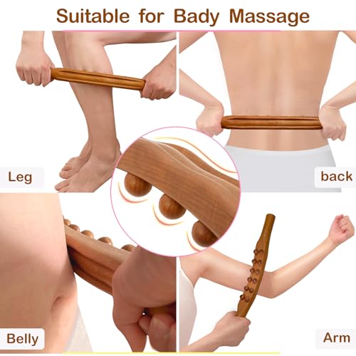 Wood Therapy Massage Stick, 2 in 1 Double Row 12 Beads Maderoterapia Kit Wood Gua Sha Massage Tool, Wooden Gua Sha Lymphatic Drainage Massager Tool for Body Shaping - color: Brown