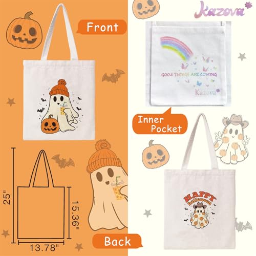 Kazova Halloween Canvas Tote Bag Cute Funny Ghost Tote Bag Cotton Reusable Grocery Shopping Beach Bag Halloween Shoulder Bag For Women Handbag - color: Ghost