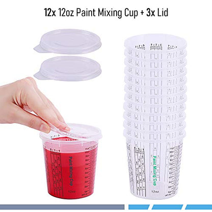 CANOPUS 12-oz Paint Mixing Cups, Pack of 12 Cups with 3 Lids, Reusable and Solvent-Resistant Clear Plastic Containers for Paint, Epoxy, Resin, Oil, and Thinner - size: 12 oz