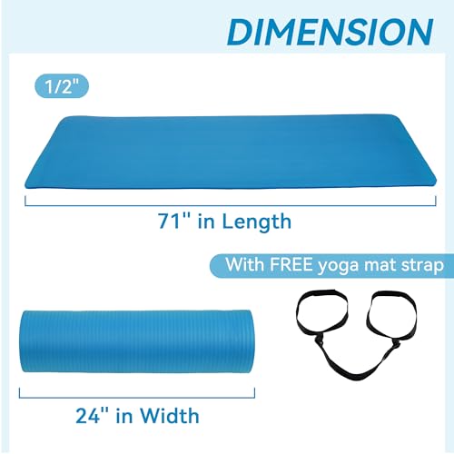Fitvids Yoga Mat, 1/2-Inch Extra Thick High Density Exercise Mat, Anti-Tear Exercise Yoga Mat with Carrying Strap, Suitable for Various Yoga Exercises - color: Blue