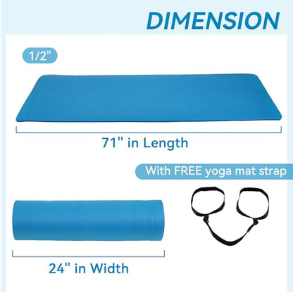 Fitvids Yoga Mat, 1/2-Inch Extra Thick High Density Exercise Mat, Anti-Tear Exercise Yoga Mat with Carrying Strap, Suitable for Various Yoga Exercises - color: Blue