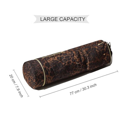 ESVAN Yoga Mat Bag with Multi Pockets Drawstring Yoga Mat Carrier Pilates Exercise Multi-Functional Storage Bag - color: Leopard Print New