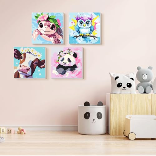 TOSTOG 4 Pack Paint by Number for Kids with Wooden Frame, DIY Cute Animals Paint by Numbers for Kids Ages 8-12, Acrylic Oil Painting Kits Easy Paint by Number for Gift Home Wall Decor 8in X 8in - color: Cute Animals