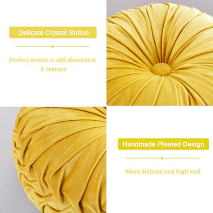 HIG Set of 2 Yellow Velvet Decorative Round Pleated Throw Pillows - color: Yellow