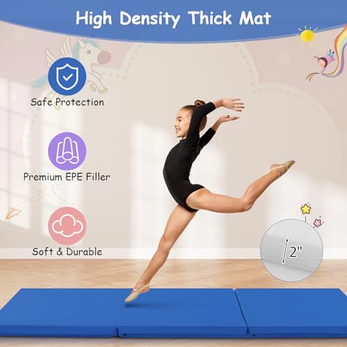 Giantex 6'x 2' Gymnastics Mat, 2" Thick Folding Tumbling Mat with Hook and Loop Fastener, Foldable Gym Mat with Carrying Handles, Cheer Mats for Kids Adults Home Exercise Aerobics Fitness - color: Dark Blue