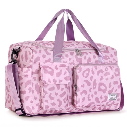 FIORETTO Women's Gym Duffle Bag with Shoes Compartment, 30L Capacity, Ideal for Travel, Gym, Sports, Duffel, Weekender - color: Leopard Pink, style: Gym Bag