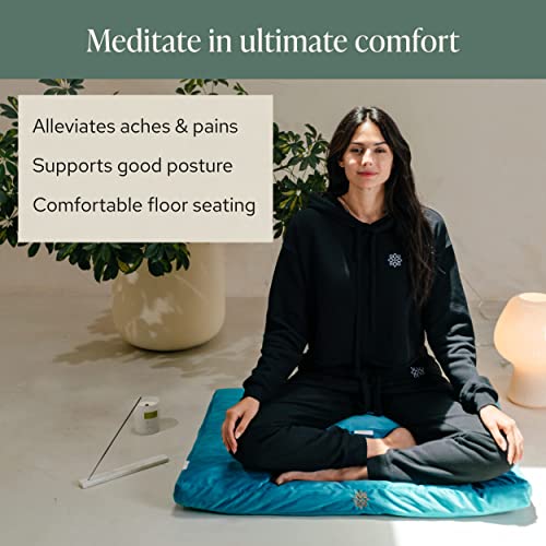 Mindful Modern Meditation Cushion & Mat Bundle - Luxury Velvet Zafu Floor Pillow & Rectangular Mat - Turquoise