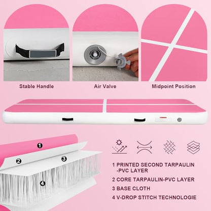 Inflatable Gymnastics Mat Air Tumble Track Tumbling Mats with Pump - color: White Pink Purple, size: 10ft*5ft*6inch(3m*1.5m*15cm)