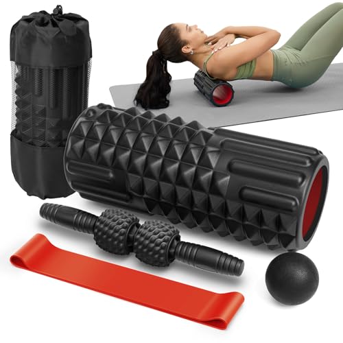 5 in 1 Foam Roller Set for Muscle Recovery & Deep Tissue Massage | Textured Grid Foam Roller, Muscle Roller Stick, Massage Ball, Resistance Band for Physical Therapy, Yoga & Pilates, Black - color: Black
