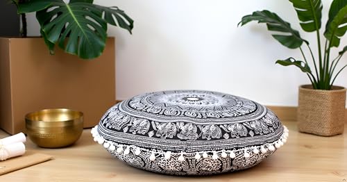 CRAFT KALA 22" Round Mandala Boho Pillow Cover Meditation Room Seating Poufs Cover for Living Room Yoga Room Home Bedroom Balcony Garden Party Decoration Cotton Floor Cushion Cover 22", B & W Elephant - color: Black and White Elephant, size: 22"