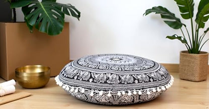 ICC Floor Pillows & Cushion Covers, Decorative Hippie Mandala Pouf Pillow Cover Bohemian Seating Meditation Cushion Cover, Large Boho Ottoman Case Pillowcase for Couch Black Elephant, 32" Round - size: 32" x 32" (Pack of 1), style: Black Elephant