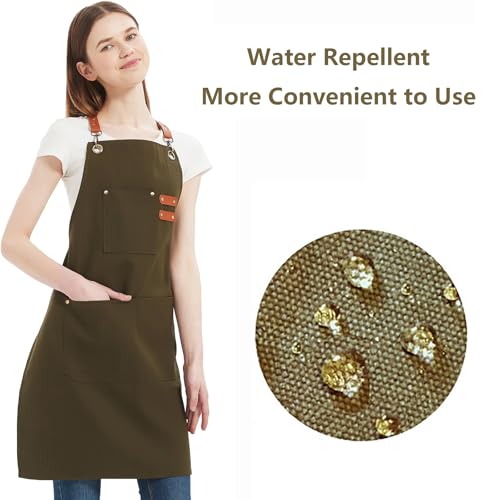 AFUN Chef Aprons for Women Men with Oversized Pockets, 12-Ounce Cotton Canvas Cross Back Water Repellent Apron (Grey Green) - color: Grey Green