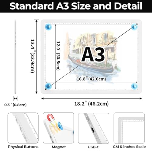 Heanolier A3 Artist tracing Light Box Copy Table,(18.2" L x 13.4" W) Super Bright Magnetic Light Pad with Side Buttons,USB-C Power Dimmerable Light Board for Diamond Painting,Drawing,Sketching(White) - color: White, size: A3 without Bag