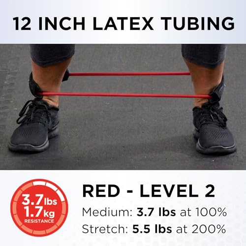 THERABAND Resistance Tubes with Padded Cuffs, 12", Red, Medium, Level 2 | Durable, rubber. For home, travel, gym. Elastic, fitness, strength, training. - color: Level 2 / Medium - Red