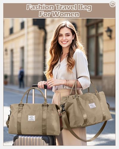 Travel Duffel Bags for Women Mens Waterproof Weekender Carry on Bag Sports Gym Bag Travel Tote Bags with Wet Pocket Overnight Bag Workout Duffel Bags with Trolley Sleeve Khaki - color: F8-Khaki