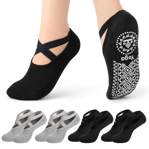 4 Pairs Pilates Socks with Grips for Women X-Cross Straps Workout Ballet Dance Hospital Socks - color: Black, Gray