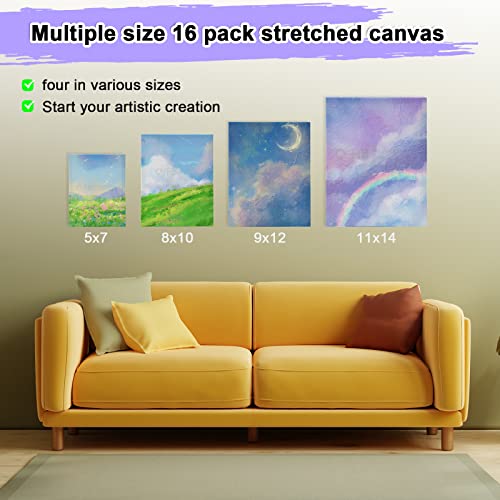 Inburit 16 PCS Multi Size Stretched Blank Canvas for Acrylic & Oil Painting | 16 Pack Blank Primed Cotton Canvas for Acrylic & Oil Paint, 5x7, 8x10, 9x12, 11x14 inches - size: 16PCS+(4sizex4)