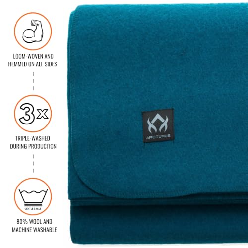 Arcturus Military Wool Blanket - Warm, Thick, Washable - Great for Outdoors, Camping, Stadium Blanket, Picnics, Travel - Car & Bushcraft Survival Kits - color: Lagoon Blue, size: Twin