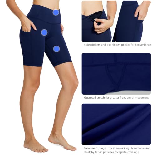 baleaf Women's High Waist Biker Shorts with 3 Pockets - color: Navy Blue-classic, size: Large