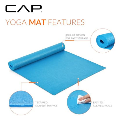 CAP Non-Slip Yoga Mat for Home Workout & Pilates, Lightweight Exercise Fitness Mat with Textured Grip Surface, Portable Roll-Up Yoga Mat for Women & Men
