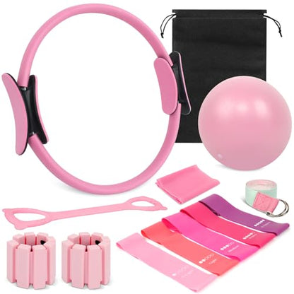 Home Pilates Essentials Kit for Women, Complete 13-in-1 Pilates Equipment Ring and Ball Set with 5 TPE Resistance Bands, Ankle Weights, 8-Shaped Pull Band, Stretch Strap and Waterproof Bag - size: 13PCS