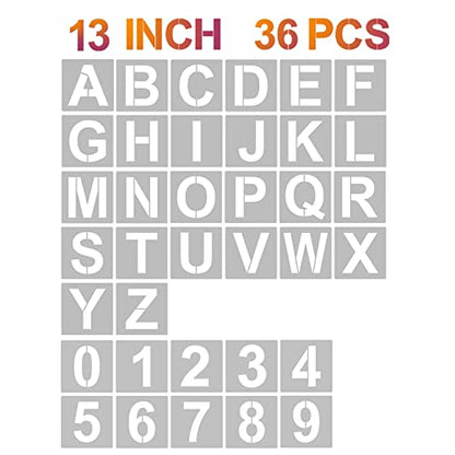 YEAJON 13 Inch Letter Stencils and Numbers, 36 Pcs Alphabet Art Craft Stencils, Reusable Plastic Templates for Wood, Wall, Fabric, Rock, Signage, DIY Art Projects - size: 13 Inch