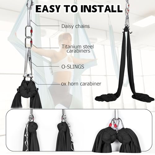 Aerial Silks Kit & Aerial Yoga Hammock - 11Yd Premium Fabric with Hardware | Easy Setup for Flying Yoga, Aerial Swing & Fitness - Supports Up to 14ft Rigging(Navy) - color: Black