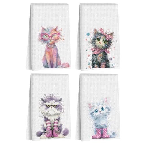 4 Pcs Funny Cat Kitchen Towels, Cute Cats Gifts Reusable Hand Towels-02 | Cat Dish Cloths for Drying Dishes, Cats Waffle Dish Towels for Kitchen Bathroom Decor, Cat Lover Gifts for Women Mom Grandma - color: Multi 1617