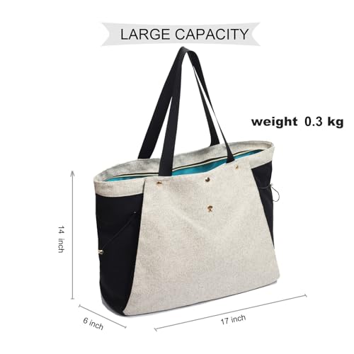 ESVAN Yoga Mat Bag, Gym Bag Tote Bag with Multi Pockets For Women Drawstring Yoga Mat Carrier Pilates Travel Workout Office - color: Linen Black Beige