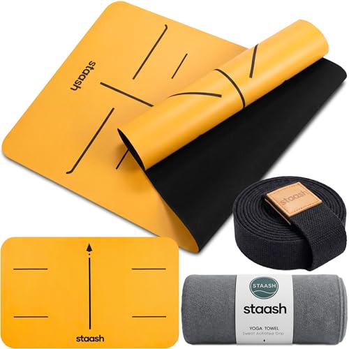 STAASH Premium Yoga Set – PU & Natural Rubber Mat + Towel + Strap + Knee Pad – Non-Slip Grip, Eco-Friendly, Studio Quality - color: Sun Yellow
