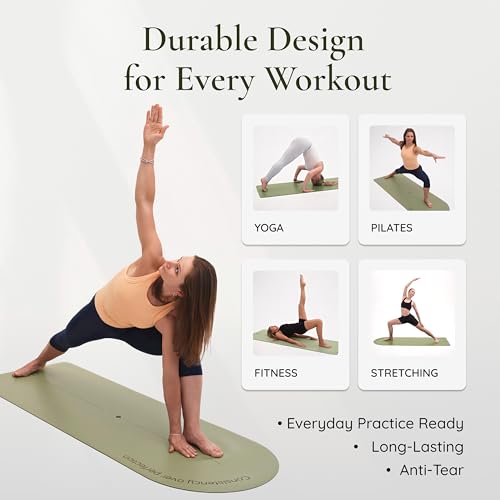 Premium PU Yoga Mat | Sweat-Activated Non-Slip Grip | Natural Rubber Base | Arch-Shaped Design with Carry & Stretch Strap | For Yoga, Pilates & Stretching & Workouts - color: matcha green