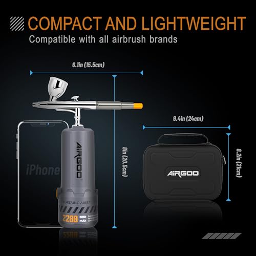 Airgoo Portable Airbrush Kit with Air Compressor MK430-215 with 0.3mm Nozzle, Cordless Airbrush Gun Set with Replaceable 5cc/10cc/20cc Fluid Cups for Makeup, Crafts, Tattoo, Modeling, Cake Decor