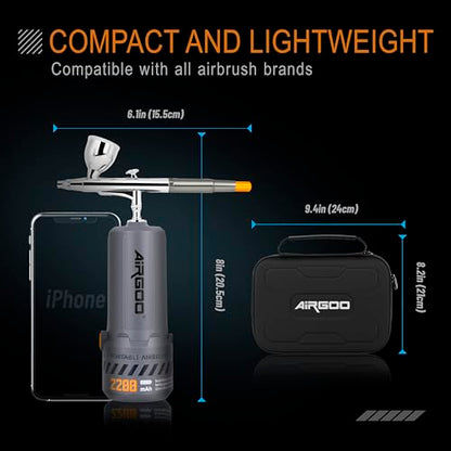Airgoo Portable Airbrush Kit with Air Compressor MK430-215 with 0.3mm Nozzle, Cordless Airbrush Gun Set with Replaceable 5cc/10cc/20cc Fluid Cups for Makeup, Crafts, Tattoo, Modeling, Cake Decor