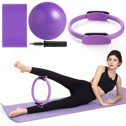 Tsikavo Pilates Ring, Pilates Ring Circle and Ball Set, 12 Inch Magic Circle Pilates Ring,9 Inch Small Exercise Ball,Resistance Bands Set, Home Pilates Equipment for Women - color: Purple