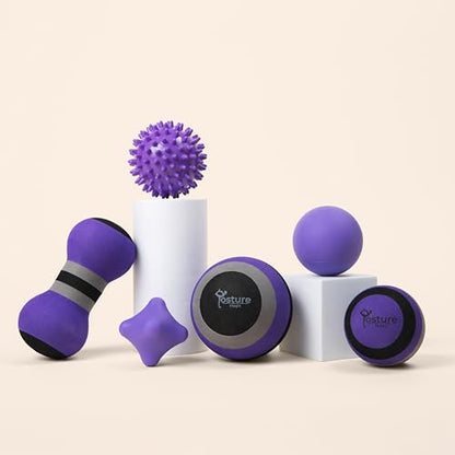 Posture Magic Massage Ball Kit for Myofascial Trigger Point Release & Deep Tissue Massage - Set of 6 - Large Foam/Small Foam/Lacrosse/Peanut/Spiky/Hand Exercise Ball (Purple) - color: Purple