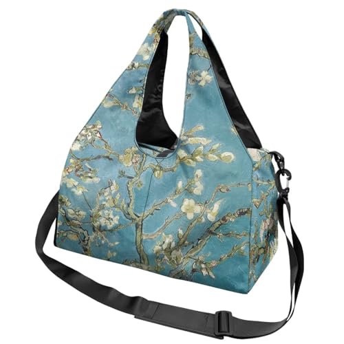 Yoga Gym Bag with Removable Adjustable Shoulder Strap, Shoe Compartment & Top Yoga Mat Holder 17.72x8.66x9.84in - color: Almond Blossom Tree Print