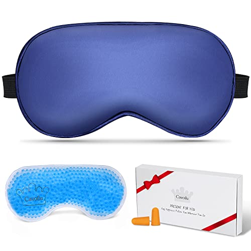 Cooling Sleep Mask w/Gel Eye Mask, Silk Eye Mask for Sleeping, Heated Eye Masks, Blindfold Eye Cover Sleeping Mask for Home Office Travel, Gifts for Men Women, Stocking Stuffers (Blue) - color: Blue