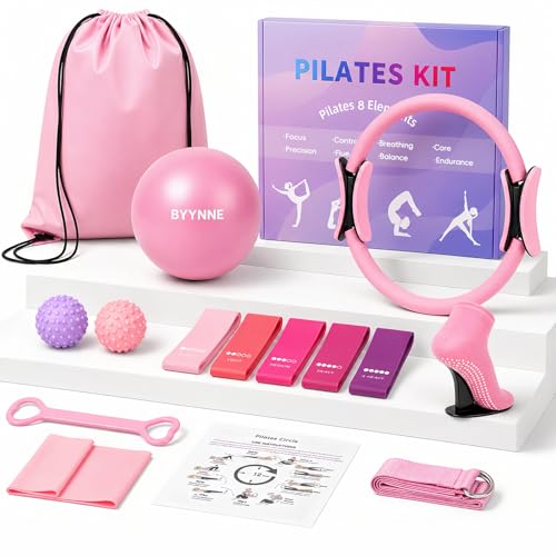 Home Pilates Kit for Women - 14 Pcs Pilates Equipment Set with Pilates Ring and Ball, 5 Resistance Bands Etc Accessories for Beginners Home Workouts - Includes Workout Guide - color: Pink