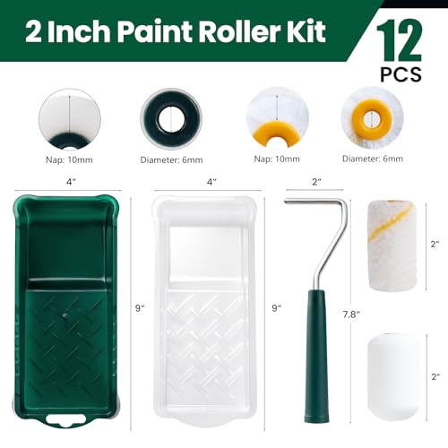 Paint Roller Kit, 12 Pack, 2 Inch Mini Paint Roller with Trays | Small Paint Roller for All Paints, Painting Tools for Small Areas, Corners, Touch-Ups, Walls and Cabinets, Easy to Clean