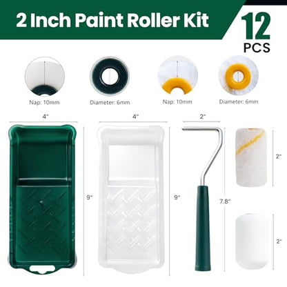 Paint Roller Kit, 12 Pack, 2 Inch Mini Paint Roller with Trays | Small Paint Roller for All Paints, Painting Tools for Small Areas, Corners, Touch-Ups, Walls and Cabinets, Easy to Clean