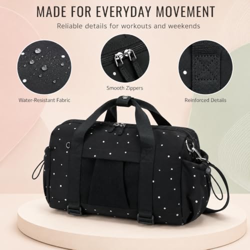 Small Mini Gym Bag for Women, Compact Duffle Overnight Bag - color: Black with Dot